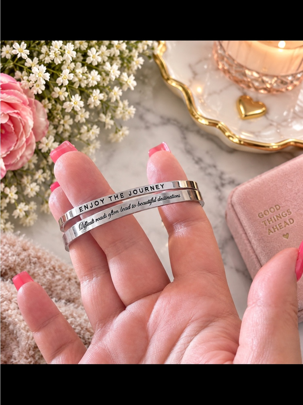 Silver Inspirational Double Cuff Bracelet - Enjoy the Journey